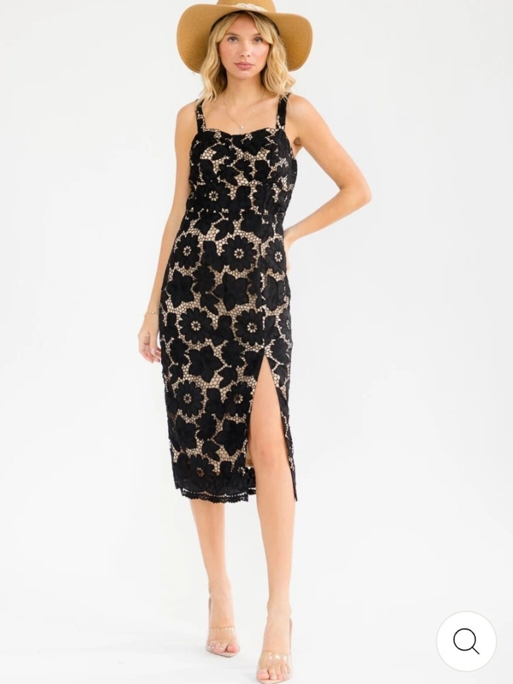 Black Lace Midi Dress with Nude Underlay - Sleeveless Split Front